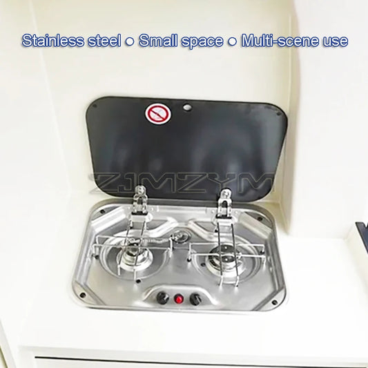 Outdoor RV camper kitchen Stainless steel Gas double-headed Stove tools Tempered glass cover 2*1.35KW camping car accessories