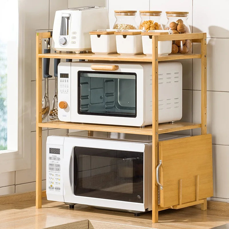 2-Tier Bamboo Microwave Shelf Height Adjustable Rack Kitchen Shelf Spice Organizer Kitchen Storage Rack Kitchenware Holder