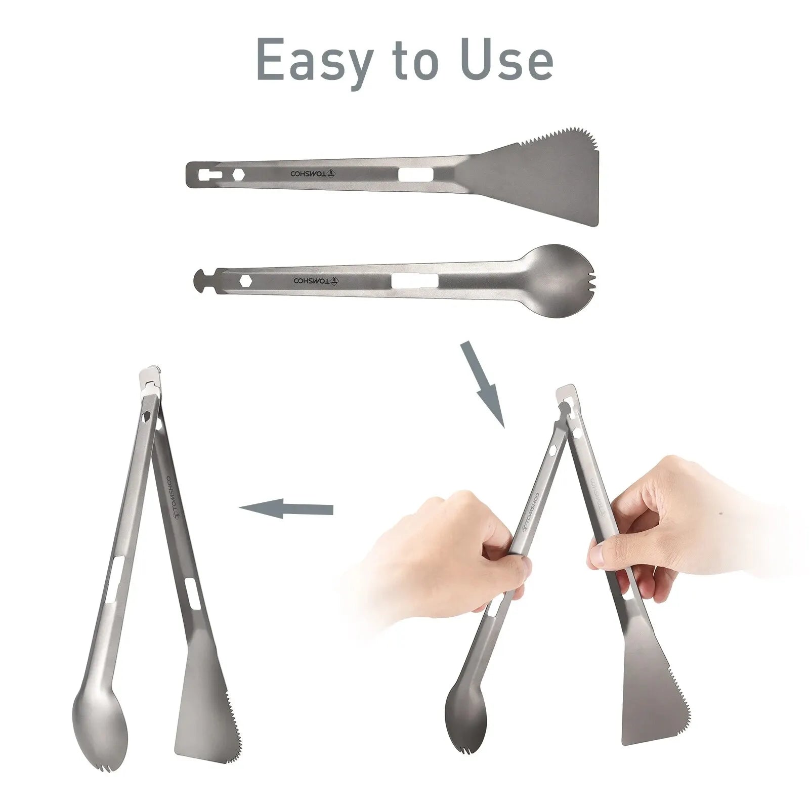 TOMSHOO Titanium Serving Tongs Multi-Purpose BBQ Tongs with Spork and Serrated Spatula for Outdoor Camping Hiking Picnic Cooking