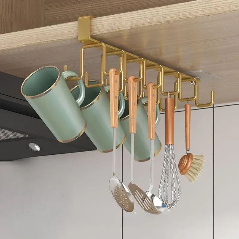 Double Row Multifunctional Storage Hook Rack Cabinets with No Drilling Cup Holder Kitchen Tool Hanging Organizer Storage Shelf