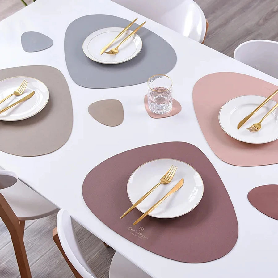 Irregular Leather Placemats and Coasters Set Oil-Proof Waterproof Coffee Mats Place Mats Dining Table Mat for Kitchen Tools