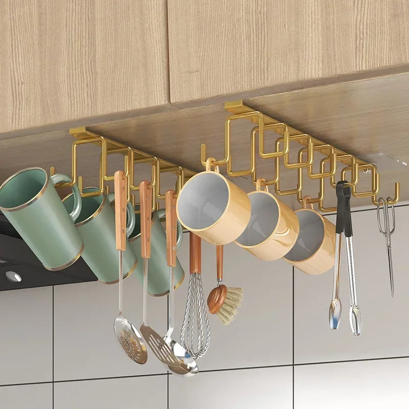 Double Row Multifunctional Storage Hook Rack Cabinets with No Drilling Cup Holder Kitchen Tool Hanging Organizer Storage Shelf