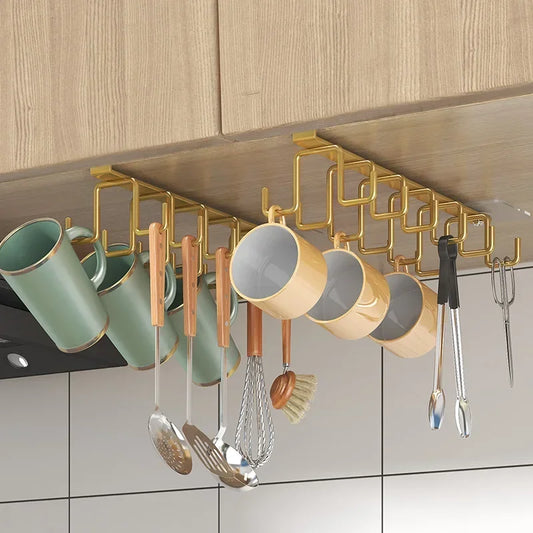 Double Row Multifunctional Storage Hook Rack Cabinets with No Drilling Cup Holder Kitchen Tool Hanging Organizer Storage Shelf
