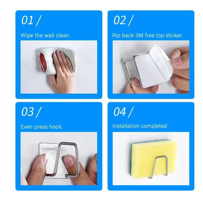 Stainless Steel Sink Shelf Sponges Holders Adhesive Drain Drying Rack Wall Hooks Accessories Storage Kitchen Organizer
